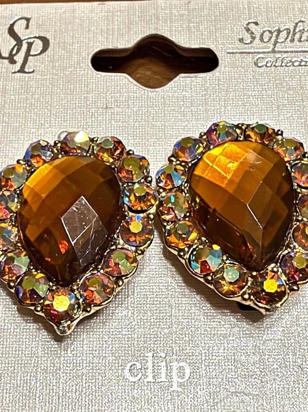 Sophia Collection Crystal Clip-On Earrings in Brown & Gold NWT